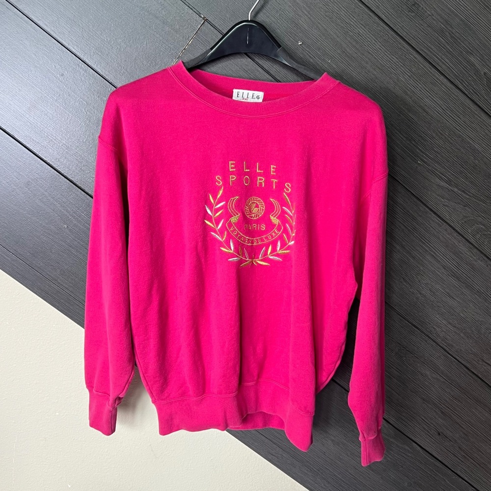 ELLE Sports Women's Vintage Embroidered Sweatshirt Pink Crewneck Pullover M